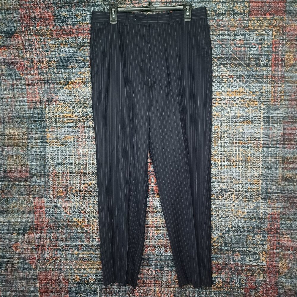 Donald J Trump mens navy gray blue striped 100% Wool dress pants 32x30